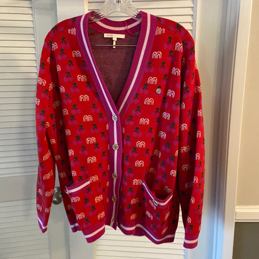 Maje Paris cherry jacquard cardigan